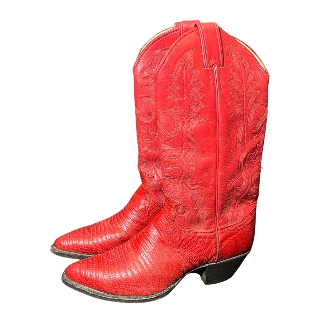 Justin Cowboy Boots Women 7.5B Red Lizard Skin Leather Western Pointed Toe